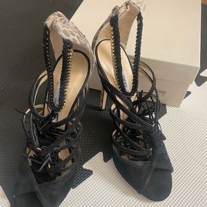 Jimmy Choo Black Tassel Sandals Peep Toe Strappy Leopard Print Stiletto Heels